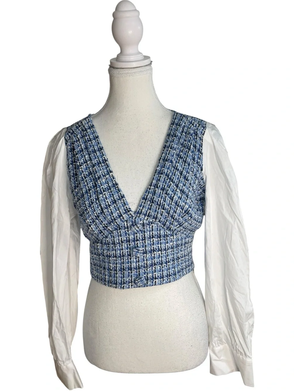 Zara Contrast Textured Tweed Cropped Blouse White Blue